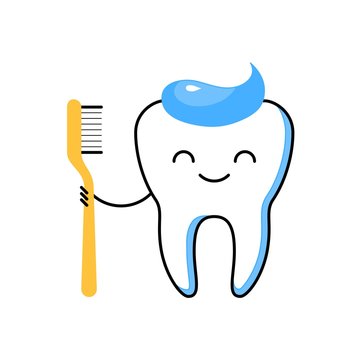 Teeth cleaning thin line icon. Happy tooth character with toothpaste holding toothbrush. Dentistry clinic services symbol with comic dental personage. Everyday oral hygiene at home vector illustration