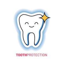 Professional teeth cleaning and protection logo. Happy and shiny tooth vector character. Comic dental personage for dentistry clinic advertising. Modern stomatology assistance and oral hygiene.