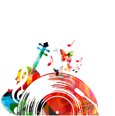 Fototapeta premium Colorful music background poster with vinyl record, violoncello and music notes. Music festival poster vector illustration