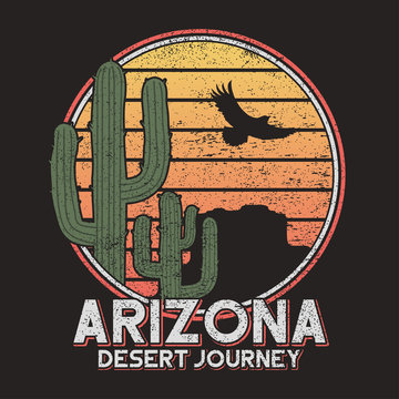 Arizona t-shirt typography with cactus, mountain and eagle. Vintage print for tee shirt graphics, slogan - desert journey. Grunge apparel stamp, poster design. Vector illustration.