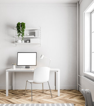 Simple white home office interior, white screen