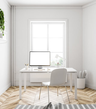 Simple white home office interior, white window