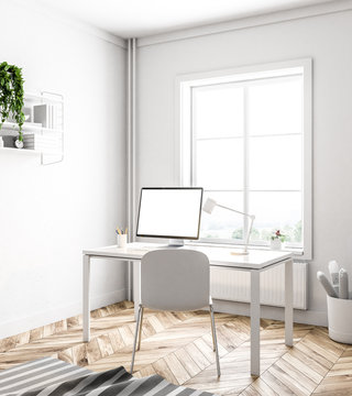 Simple white home office corner, white window