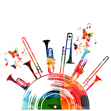 Colorful music background poster with vinyl record, trumpet and music notes. Music festival poster vector illustration