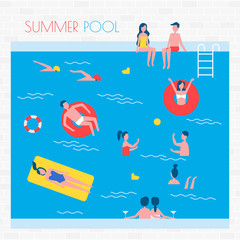 Summer Pool with People and Inflatable Things