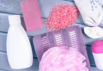 SPA accessories for hygenic and bath in a composition on a gray background.