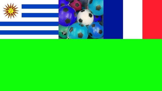 URUGUAY and FRANCE Flags with colorful soccer balls and Chroma Key Green Screen Background - Powered by Adobe
