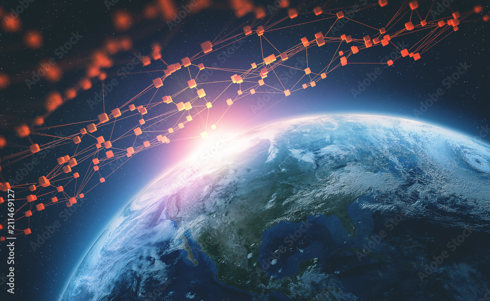 Poster blockchain technology. big data global network. planet earth 3d illustration. element of this image 