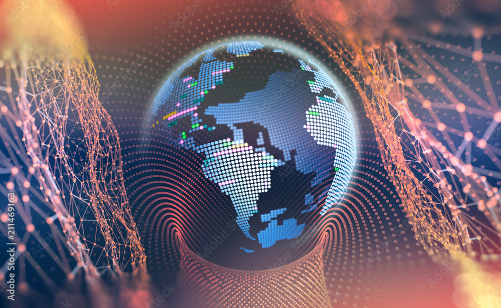 Poster big data concept. cyberspace planet. global communication. 3d illustration on a dark background