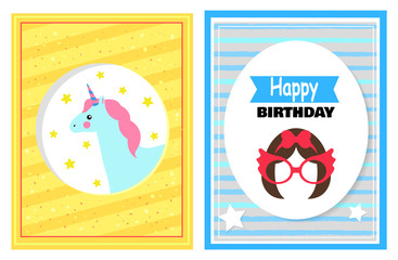 Happy Birthday Cards Unicorn Vector Illustration