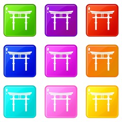 Japanese torii icons of 9 color set isolated vector illustration