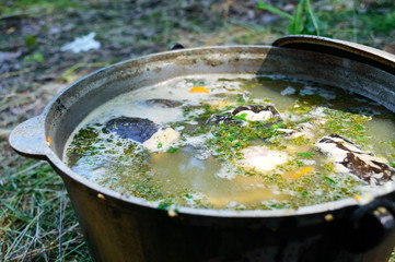 Fish soup boils in cauldron at the stake on the nature. Soup in a pot in the fire.  Close-up.