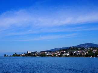 Fototapeta na wymiar Interesting view of Lake Geneva landscape in swiss european city of Montreux at alpine riviera in SWITZERLAND