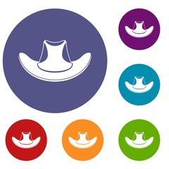 Cowboy hat icons set in flat circle red, blue and green color for web