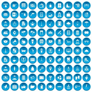 100 hotel services icons set in blue circle isolated on white vectr illustration
