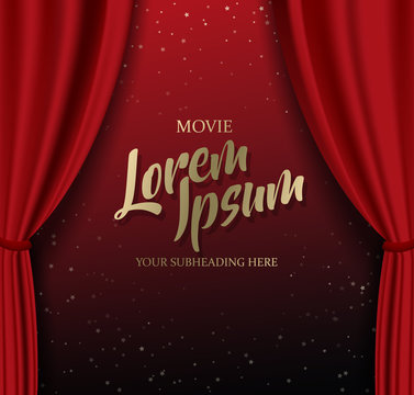Teather stage with red heavy curtain with golden text and stars.