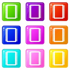 Computer electronic circuit board icons of 9 color set isolated vector illustration