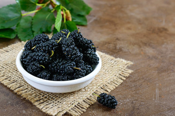 Ripe black mulberry in a bowl. Close-up.