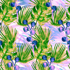 Contrast Turquoise Cool Retro Exotic Floral Watercolour Seamless Pattern. VIP Luxury Female Fabric Background, Monstera, Fan Leaves. Floral Watercolor Seamless Pattern Nice Tropical Wallpaper Prints.