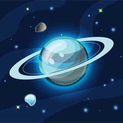 Uran, vector cartoon illustration. Blue Uran planet of Solar system in dark deep blue space, isolated on blue background © kirasolly