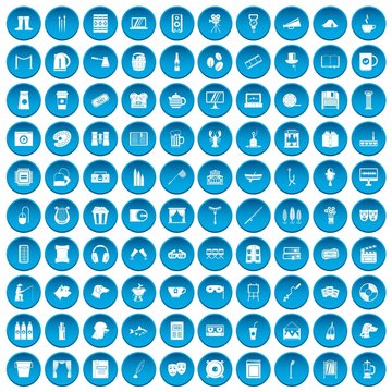 100 leisure icons set in blue circle isolated on white vectr illustration