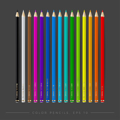 Set of isolated vector illustration of color pencils. Colorful stationery. Vector Eps 10. Colored pencils with shadows on gray background.  