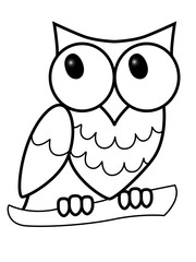 Owl. The big-eyed owl sits on a branch. Sweet owl on a branch. Children's drawing. Line drawing for coloring