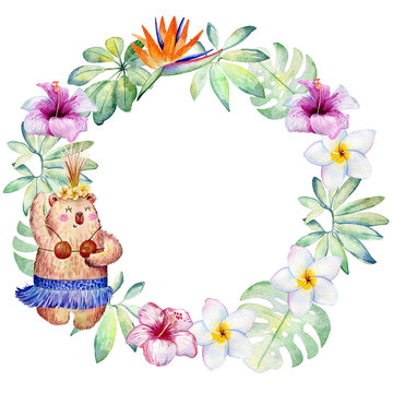 Wreath. Watercolor Tropical green leaves and flowers on the white background. Hula Hawaii dance
