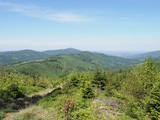 Obraz premium Great Salmopol pass near Kotarz mount in Silesian Beskids Mountains range landscape at european Szczyrk city Poland
