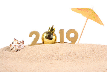 2019 year golden figures with seashell on a white