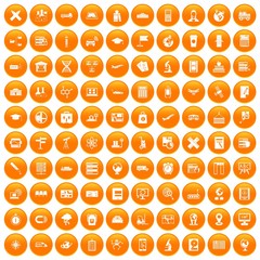 100 globe icons set in orange circle isolated on white vector illustration