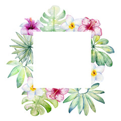 Frame. Watercolor Tropical green leaves and flowers on the white background.
