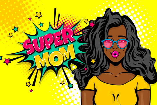 Super mom wow face. Black african-american young girl pop art. Woman pop art. Comic text advertise speech bubble. Retro halftone background.