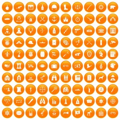 100 guns icons set in orange circle isolated on white vector illustration