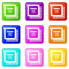 Computer CPU processor chip icons of 9 color set isolated vector illustration