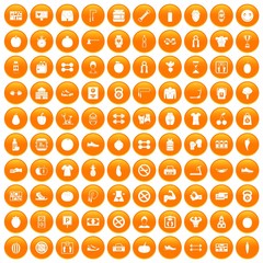 100 gym icons set in orange circle isolated on white vector illustration