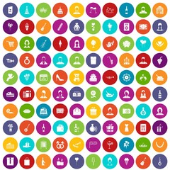 100 birthday icons set in different colors circle isolated vector illustration