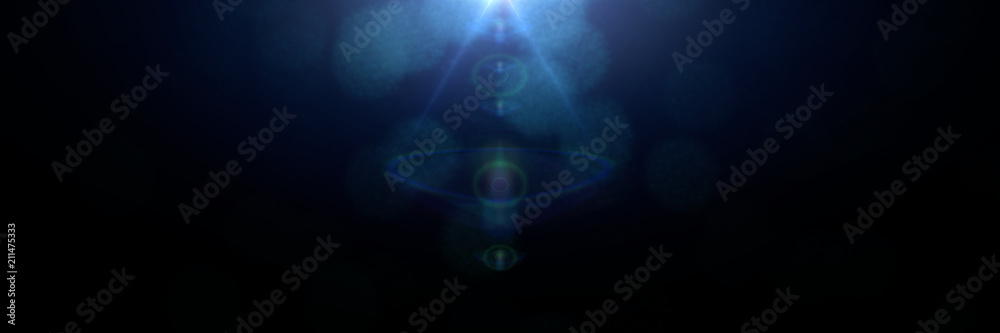 Wall mural blue centered and mainly off screen lens flare overlay texture with bokeh effect with black backgrou