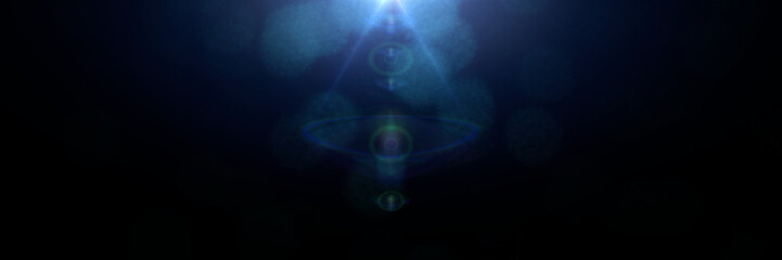 blue centered and mainly off screen lens flare overlay texture with bokeh effect with black background banner