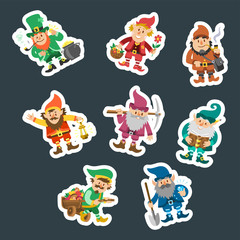 Fairy tale fantastic gnome dwarf elf character poses magical leprechaun cute fairy tale man vector illustration
