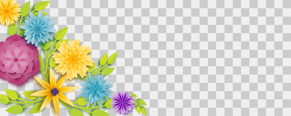 Set paper vector art. Colored chamomile bud origami transparent background. Floral banner design. Craft 3d plant eco card. Illustration green leaf lush template.