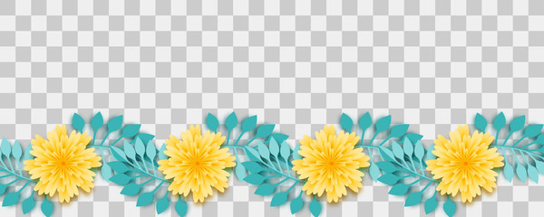 Set paper vector art. Chamomile bud origami transparent background. Floral banner design. Craft 3d plant eco card. Illustration green leaf lush template.