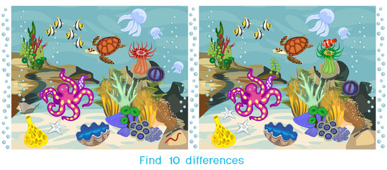Naklejka premium Find ten differences. Game for children with ecosystem of coral reef with different marine inhabitants