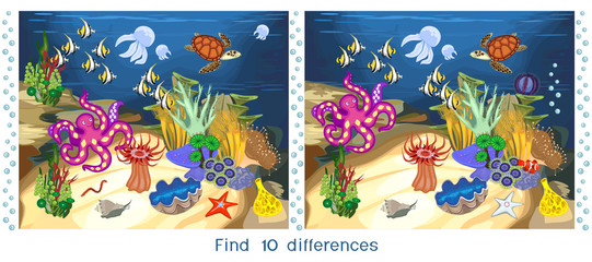 Find ten differences. Game for children with ecosystem of coral reef with different marine inhabitants