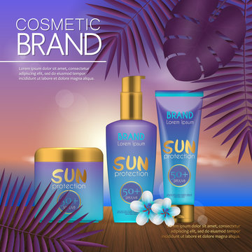 Summer cosmetic template on the sunset beach with exotic palm leaves background. Realistic 3D design.
