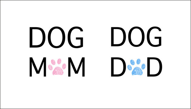 ''DOG mom, Dog dad'' text. Blue and pink colored paw prints