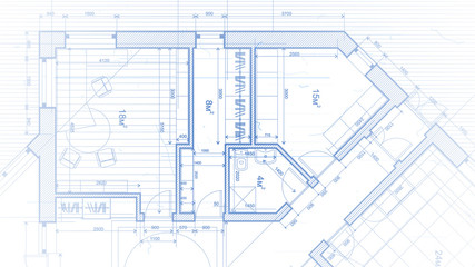 vector architectural plan - abstract architectural blueprint of a modern residential building / technology, industry, business concept illustration: real estate, building, construction & architecture - obrazy, fototapety, plakaty