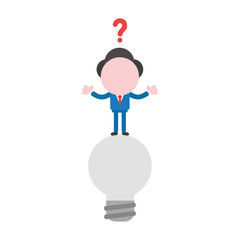 Vector confused businessman character standing on grey light bulb