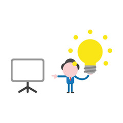 Vector businessman character holding glowing light bulb idea and pointing blank presentation chart