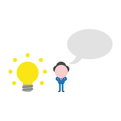 Vector businessman character with glowing light bulb and blank speech bubble